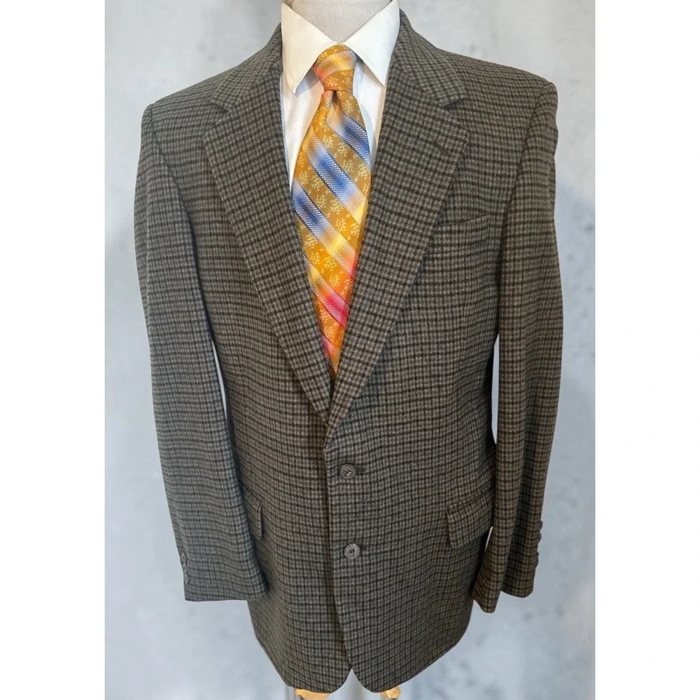 VTG John Weitz Green Brown Plaid Wool Cashmere Blazer Sport Coat Flannel 40L
